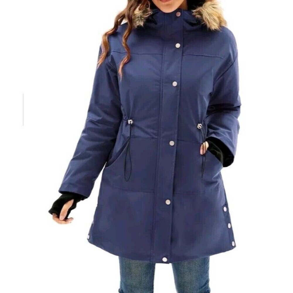 Grace Karin Waterproof Coat Hooded With Faux Fur Small Blue Thumbholes